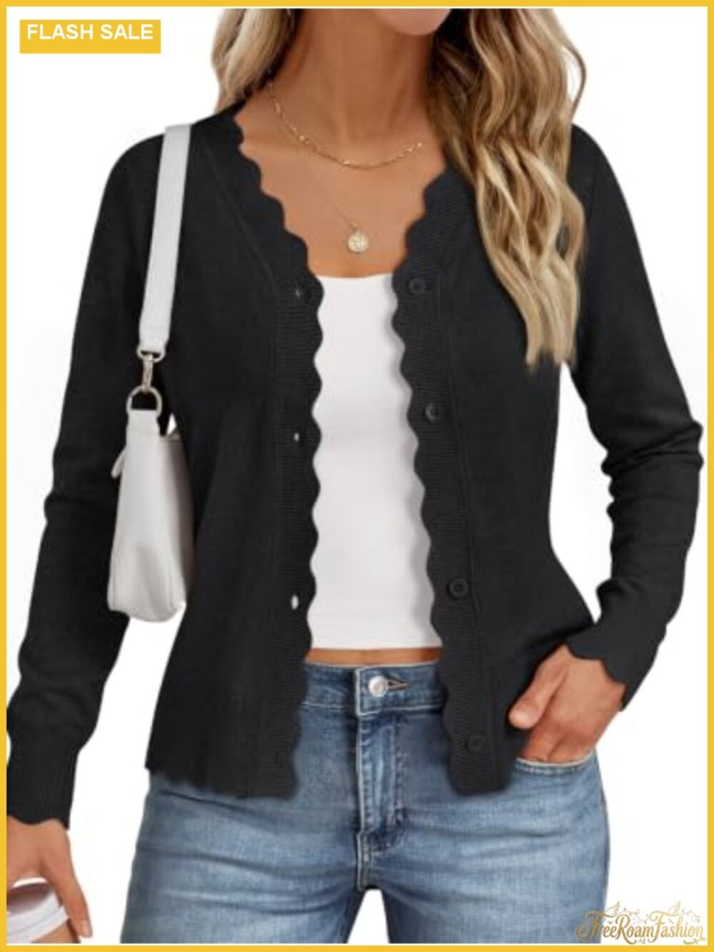 Womens Lightweight Button Cardigan V-Neck Wavy Edge Knit Sweater